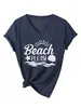 Beach Please Amazon Ebay Site Independente Camiseta Casual e Versátil Feminina Manga Curta Decote V Camiseta Básica