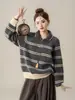 Suéter a rayas con cuello tipo polo estilo coreano para mujer, otoño e invierno, corte holgado, media cremallera, suave y cómodo, top de punto juvenil