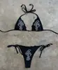 Conjunto de Bikini Negro con Strass en Forma de Cruz, Estilo Europeo y Americano, con Ribete de Encaje, Cuello Halter, Atado, Traje de Baño de Dos Piezas, Ropa de Baño Atrevida