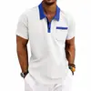 Camisa Polo de Punto Waffle para Hombre de Comercio Exterior Europeo y Americano, Color de Verano Bloqueado, Cuello Campana, Manga Corta, Bolsillo, Top Casual