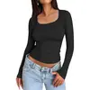Ropa transfronteriza AliExpress Amazon para mujer, de manga larga, color liso, estilo europeo y americano, cuello cuadrado, corte ajustado, camiseta de manga larga