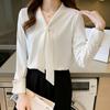 Traje de Negócios de Colarinho Branco para Professoras com Blusa de Chiffon Branco de Manga Comprida com Laço para Mulheres no Outono e Inverno com Tops Pequenos