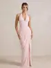Vestido de Noche Personalizado con Cuello Halter, Escote en V Profundo, Ballenas, Cintura con Lazo en la Espalda, Fruncido Lateral en la Cintura, Abertura Alta, Corte Ajustado, Estilo Sirena, Largo hasta el Suelo