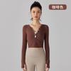 Camiseta Deportiva Sexy de Cuello en V con Botones de Alta Elasticidad para Mujer, Corte Ajustado, Corta, Manga Larga, Top de Yoga