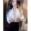 Elegante Camisa de Manga Larga con Solapa de Encaje, Nuevo Diseño 2026 para Primavera y Otoño, con Corte Entallado Único para Mujer