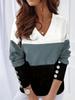 2024 Europeo y Americano transfronterizo comercio exterior nuevo costuras combinación de colores manga larga hebilla cuello en V otoño e invierno top talla grande ropa casual para mujer