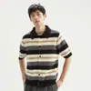 Camisa Masculina de Tricô Vazada de Manga Curta, Macia e Luxuosa, Respirável, Estilo Americano de Ponta, Listrada, Estilo Old Money, Gola Reversível, Camiseta Top