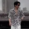 Camisa Masculina de Seda Gelada de Verão com Caimento, Estampa Floral de Alto Padrão, Manga Curta, Estilo Coreano e Japonês Elegante e Luxuoso, Marca Tendência