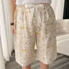 Calça de Pijama de Seda de Algodão para Mulheres, Novo Estilo de Verão, Estampa de Desenho Animado, Calça de Casa Solta Casual Fina, Pode Ser Usada Fora, Calça de Cinco Pontos