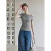Camiseta gris de manga corta con hombros descubiertos y lazo estilo coreano Forever para mujer, top corto plisado ajustado de verano