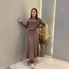 Conjunto de Duas Peças Europeu e Americano Outono e Inverno Novo, Vestido Suéter de Meia-Estação Cor Sólida Linha A Plissado Versátil Emagrecedor de Cintura Alta