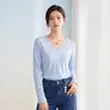 También Camiseta de Manga Larga con Cuello en V de Color Liso para Otoño para Mujer 100% Algodón Holgada Estilo Básico Capa Base Top Casual para el Trabajo