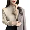 Suéter grosso e quente de gola alta média para outono e inverno para mulheres, blusa de base de tricô, cor sólida, estiloso, com forro interno de fleece integrado, moderno