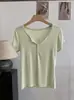 Camiseta de Manga Corta con Botones y Cuello en V Omalai para Mujer 2026 Verano Ajustada Elástica Color Sólido Top 7063