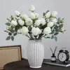 Flor artificial de alta qualidade com 4 cabeças de rosa montanha de neve, flor seca, decoração para casa, decoração, adereços de fotografia, decoração, buquê de flores artificiais