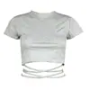 Venta caliente de verano Ins europeo y americano nuevo sexy camiseta ombliguera para mujer con tiras de encaje, top ajustado adelgazante con cordón, manga corta