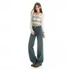 Jeans Retro Azul Stretch de Cintura Alta Wide-Leg para Mulheres, Novas Calças Retas Slim-Fit com Efeito Drapeado