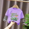 Camiseta de manga larga de algodón puro, estilo americano, estampado de dibujos animados, holgada, para niños, otoño, moderna, fresca, camiseta básica
