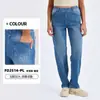 Calça Jeans Reta Plus Size Transfronteiriça para Mulheres, Cintura Alta, Emagrecedora, Com Efeito Desgastado (Whiskered), Multi-Bolsos, Respirável, Elástica, Calça Fitness