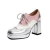 Zapatos de cordones con bloques de color y punta cuadrada de estilo nuevo 2026 con estampado floral, tacones de plataforma gruesos, tallas grandes 40-48, Comercio transfronterizo