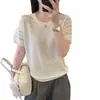 Blusa de Tricô com Strass Resistente e Seda de Gelo para Mulheres, Estilo Europeu 2026 Nova Moda Europeia Verão Camiseta de Manga Curta Blusa Fina