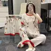 Pijama para Mujer, Conjunto de Tres Piezas de Manga Corta de Verano, Estilo Delgado de Verano, Ropa de Casa Dulce y Linda de Dibujos Animados para Estudiantes Que Se Puede Usar Afuera