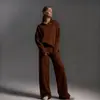 Moda 2026 Amazon Tiktok Transfronteiriço Europeu e Americano Cor Sólida Conjunto Outono Inverno Gola Polo Calça de Pernas Largas Conjunto de Duas Peças para Mulheres
