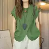 Camisa de Seda de Gelo Plissada Tamanho Plus Moda Gola Redonda Design Único Manga Curta Feminina Verão Tamanho Plus MM Emagrecimento Solta Casual Reduzidor de Idade