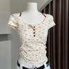 9123# Camiseta de manga corta con botones en el pecho y cuello de color contrastante de Spice Girls, de verano, de dos piezas, con tirantes, sexy, para mujer