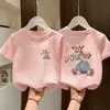 Roupa Infantil Estilo Coreano para Meninas, Conjunto de Verão com Estampa de Desenho Animado de Manga Curta, Camiseta de Algodão Puro de Manga Meia-Manga para Crianças Maiores, Blusa Casual Versátil