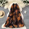 Falda de Moda Plisada Elástica Vintage Estampada para Mujer, Falda de Cintura Alta Línea A, Falda Larga para el Trabajo con Dobladillo Ancho y Caída, Verano