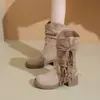 Novas botas de cavaleiro com franjas estilo deserto retrô 2026, salto grosso, cano alto, efeito emagrecedor, botas de cano médio para mulheres