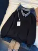 Sudadera de retazos a cuadros estilo americano con cuello camisero para hombre, nueva camiseta de manga larga con cuello POLO para primavera y otoño con diseño de dos piezas simulado