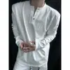Camiseta Simple Americana de Cuello en V Color Sólido Alta Calidad Manga Larga Primavera y Otoño Holgada Cuello Henry Retro Perezoso Camiseta Básica para Hombre