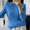 Chegada Nova da Primavera Tricô 100% Algodão Feminino Simples Gola Redonda Manga Longa Listrado Cor Sólida Gola Redonda Temperamento Slim Fit Top