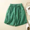 Shorts de Perna Larga com Estampa de Cogumelo de Algodão e Linho para Mulheres 2024 Verão Novo Estilo Literário Retrô Solto Casual Comprimento Médio