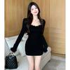 Vestido Peludo Sexy Preto de Menina Rica 2024 para Mulheres, Camada Interna para Outono e Inverno, Saia Bodycon Justa ao Corpo, Estilo Doce