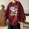 Sudadera color vino tinto de camelia, chaqueta de otoño retro americana de moda para hombre, corte holgado, peso pesado, estructurada, top de cuello redondo