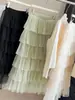 Saia de Bolo em Camadas de Renda Estilo Coreano para Mulheres Nova Primavera 2026 Cintura Alta Elegante Comprimento Médio com Caimento Fluido