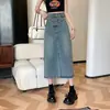 Falda de mezclilla negra irregular con abertura para mujer, nueva falda bodycon de verano fina de cintura alta línea A de longitud media
