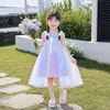 Vestido de Verão Infantil com Patchwork de Sereia, Vestido de Férias Sem Mangas Estilo Princesa para Crianças, Vestido Longo de Renda Roxa