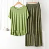 Conjunto de Calça Reta de Manga Curta com Gola Redonda de Modal Feminino Verão Novo Solto Emagrecedor Confortável Conjunto de Duas Peças para Casa