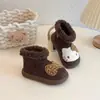 Botas de Felpa de Algodón Retro para Niños Otoño/Invierno Nuevo Estilo Niñas Estampado de Leopardo Lazo Muñeco de Gato Botines Cortos Peludos