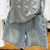 Conjunto de Ropa de Verano para Niñas Nuevo Brillante Láser Gato KT Camiseta de Manga Corta Jeans Bordados con Pedrería Conjunto de Dos Piezas