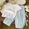 Traje de Verano con Bordado de Lazo de Manga Corta para Niñas Estilo Coreano 2026 Camiseta Ropa Deportiva Fresca Linda para Niña