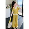 Conjunto Nuevo Estilo de Verano y Primavera para Niñas de Edad Media y Mayores Elegante Camiseta de Manga Corta para Niña + Pantalones Anchos de Seda Helada Conjunto de Dos Piezas