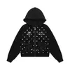 Sudadera con capucha estilo americano de lunares, bolsillo con lazo bordado, dobladillo con volantes, chaqueta corta casual holgada para mujer para otoño, moderna