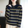 25 Anos Outono e Inverno Novo Tricô Puro Lã Gola Lapela Manga Longa Feminino Listras Coloridas Bordado Letra Camisa Básica Top