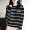 26º Nuevo Jersey de Punto de Lana Pura para Otoño/Invierno con Cuello de Solapa de Manga Larga para Mujer, Bloque de Color, Rayas, Letra Bordada, Camiseta Base