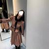 [Em estoque] Traje vintage MS Zurich xadrez vermelho veludo jacquard casaco gola boneca & cintura alta saia plissada em A